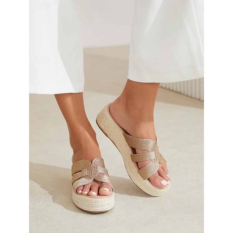 Women's Khaki Woven Slide Sandals with Espadrille Platform Sole, Casual Open Toe Slip-On Shoes for Summer Beach, Vacation, and Daily Wear