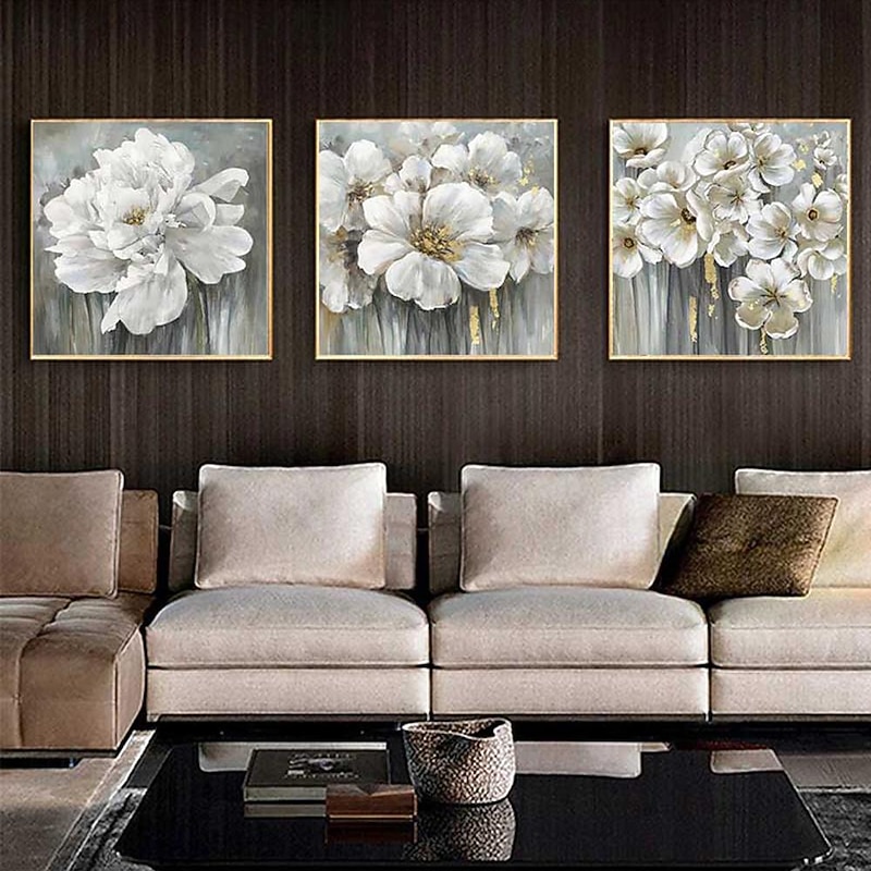Mintura Handmade White Flowers Oil Paintings On Canvas Wall Art Decoration Modern Abstract Pictures For Home Decor Rolled Frameless Unstretched Painting