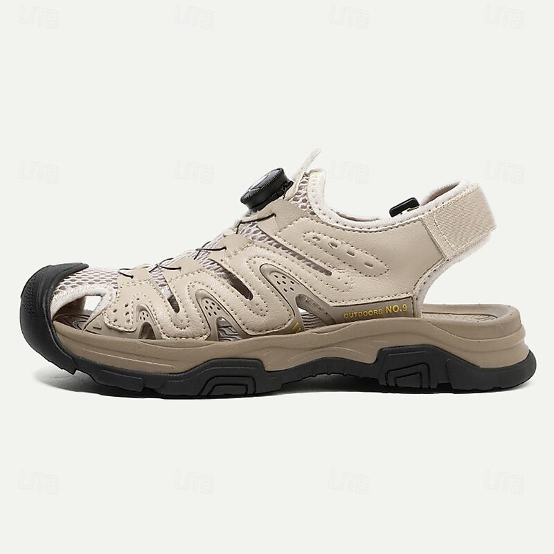 Men's Sandals Outdoor Hiking Sandals Casual Beach Leather Breathable Comfortable Slip Resistant Loafer Elastic Band Black Beige4