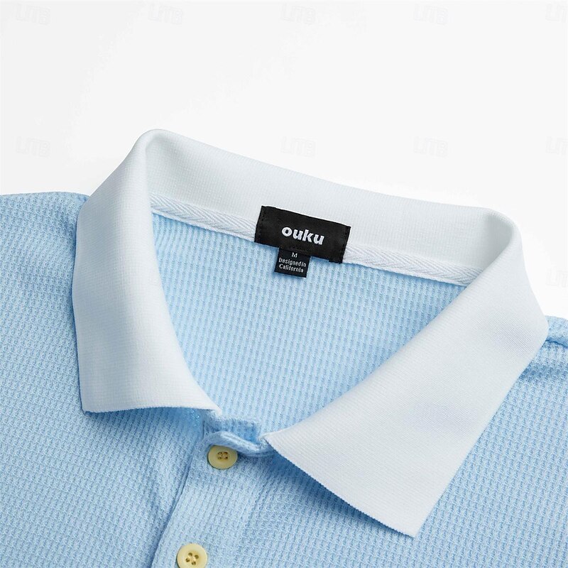 Men's Golf Shirt Waffle Knit Polo Shirt Casual Holiday Lapel Short Sleeve Fashion Old Money Style Plain Buttons Summer Spring Regular Fit White Light Blue Golf Shirt3