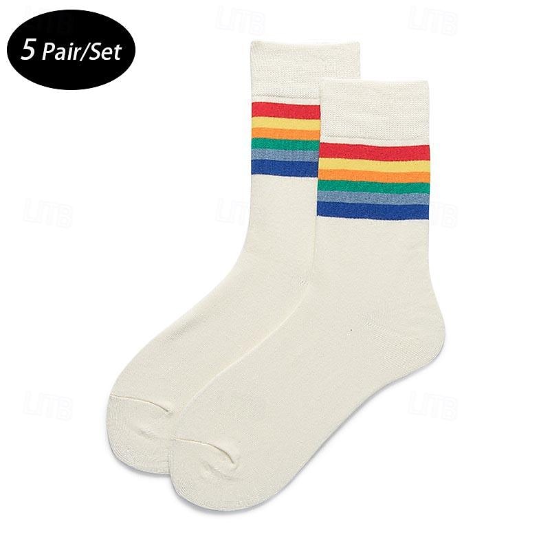 Men's 5 Pack Multi Packs Socks Crew Socks Running Socks Casual Socks White Red Color Rainbow Sports & Outdoor Daily Vacation Basic Medium Spring Fall Fashion Casual