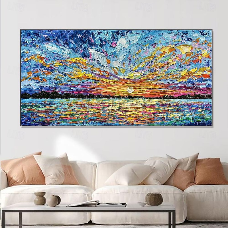 Hand Painted Oil Paintings Canvas Wall Art Decoration Modern Abstract Sunset Dusk Sea Landscape for Living Room Home Decor Rolled Frameless Unstretched Painting