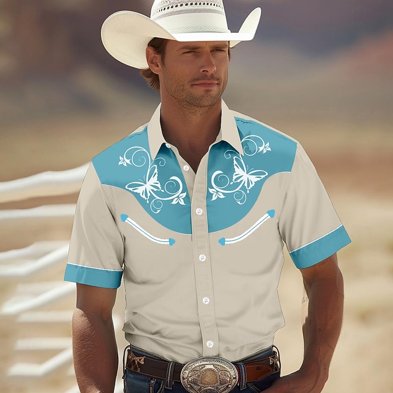 Men's Shirt Western Shirt Cowboy Shirt Short Sleeve Western Style Tribal Summer Spring Shirt Collar Khaki