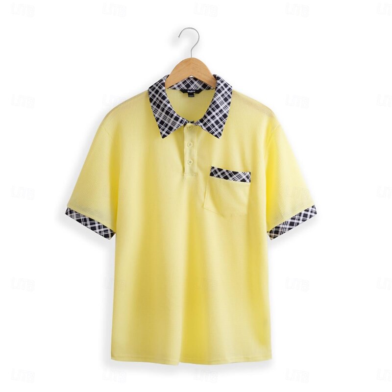 Men's Business Polo Golf Shirt Work Casual Lapel Classic Short Sleeve Basic Modern Color Block Patchwork Pocket Spring & Summer Regular Fit Light Yellow milk white khaki Gray Business Polo2