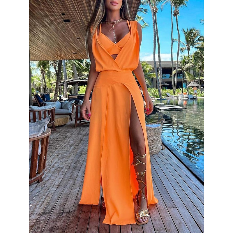 Women's Dress Set Casual Dress Skirt Set Swing Dress Fashion Modern Floral Plain Backless Split Long Dress Maxi Dress Sleeveless V Neck Outdoor Vacation Yellow Red Orange Summer Loose Fit