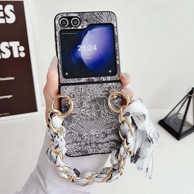 Phone Case For Samsung Galaxy Z Flip 7 Z Flip 5 Z Flip 4 Z Flip 3 Back Cover with Wrist Strap Shockproof PC Metal4