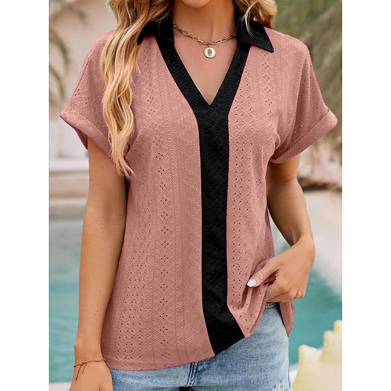 Women's Shirt Tunic Plain Short Sleeve V Neck Shirt Collar Work Daily Sage Green Pink Rose Pink Summer