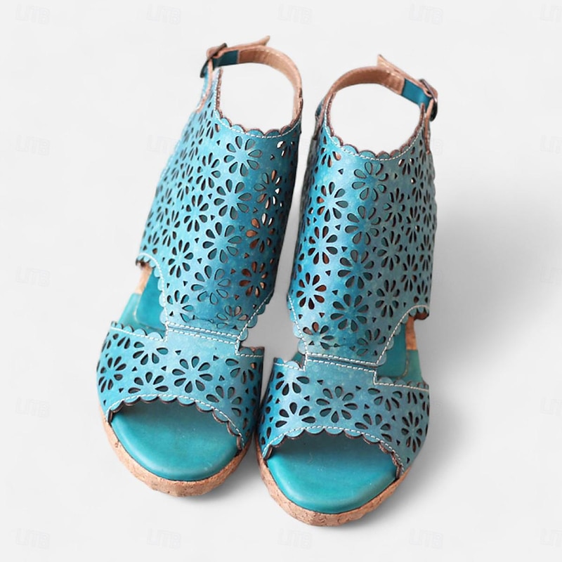 Women's Turquoise Cutout Leather Sandals – Vintage Hollow-Out Chunky Heel Peep-Toe Summer Shoes for Casual & Boho Style3
