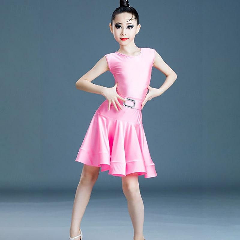 Latin Dance Kids' Dancewear Dress Pure Color Splicing Girls' Performance Training Sleeveless High Polyester3