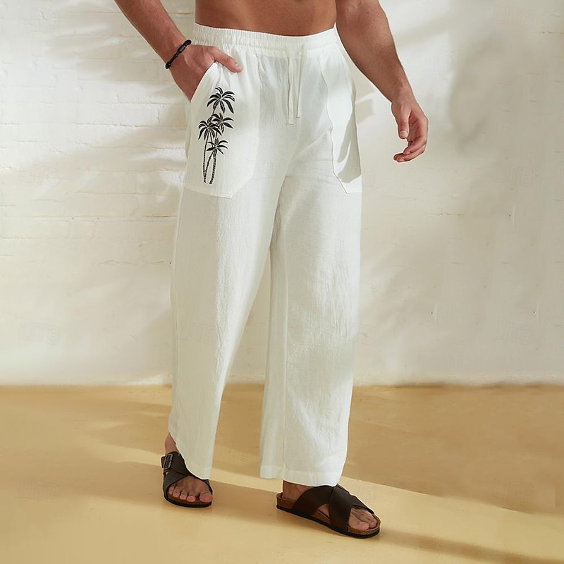 Men's Cotton Pants Hawaiian Bottoms Coconut Tree Graphic Prints Trousers Summer Pants Beach Pants Drawstring Elastic Wais Casual Daily Holiday Streetwear