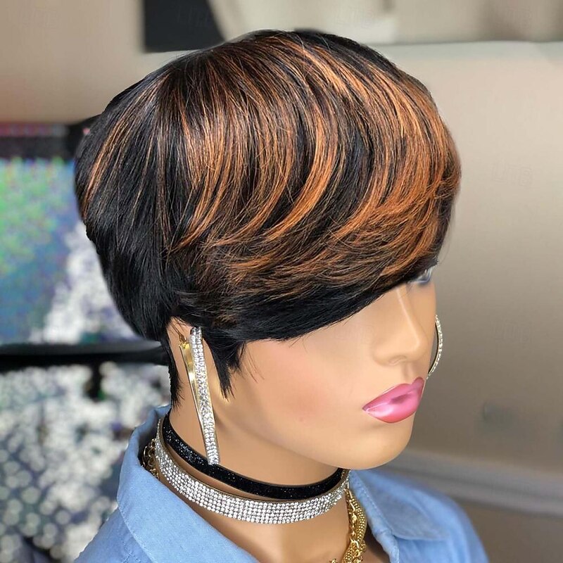 Pixie Layered Wavy Wigs Black with Brown F1B/30 Color Glueless Short Curly Wigs Pixie Cut Wig Human Hair Short Human Hair Wigs for Black Women3
