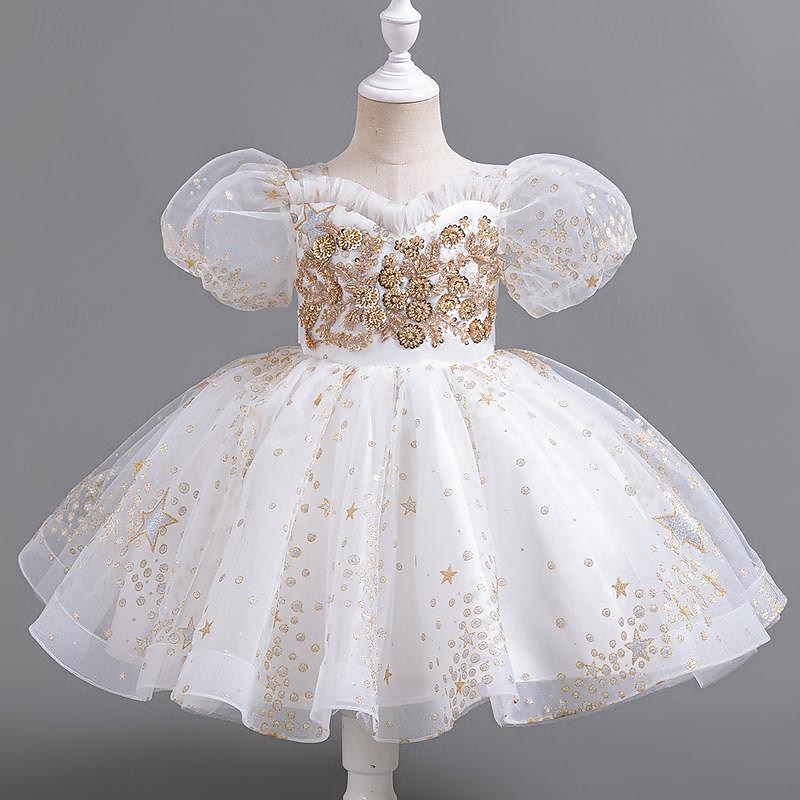 Kids Girls' Flower Girl Dress Party Dress Floral Sequin Short Sleeve Wedding Party Special Occasion Sequins Zipper Puff Sleeve Adorable Sweet Cotton Polyester Knee-length Party Dress Summer Spring