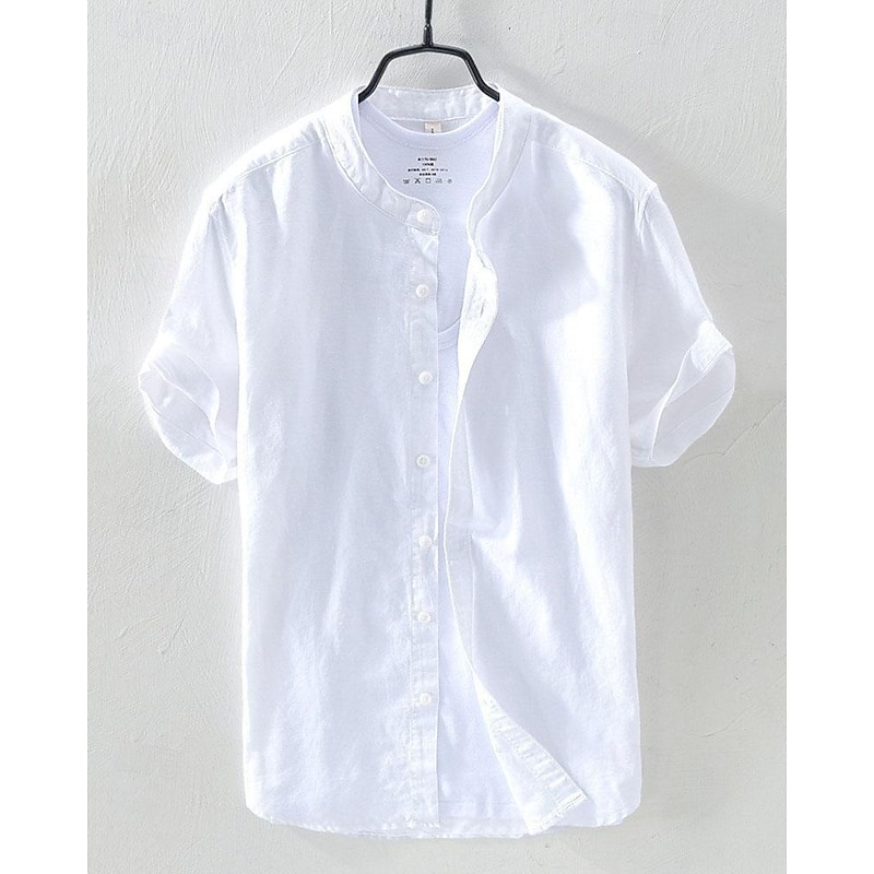 Men's Shirt Cotton Linen Shirt White Cotton Shirt Chinese Collar Shirt Mandarin Collar Shirt Casual Shirt Plain Vacation Street White Navy Blue Gray Light Blue Short Sleeve Grandad Collar Summer