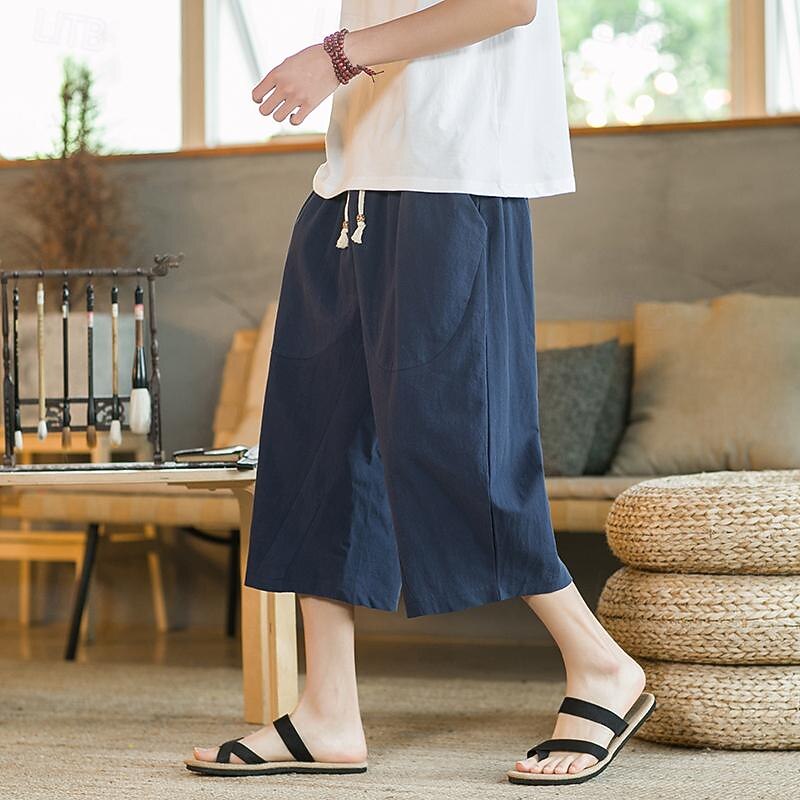 Men's Linen Pants Harem Pants Capri Pants Pocket Solid Colored Sports Calf-Length Work Casual Casual Loose Fit Black Wine Inelastic3