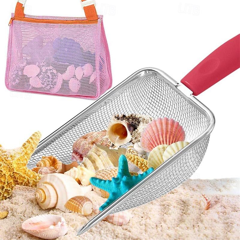 Beach Mesh Shovel With Mesh Beach Bag For Shell Collecting Filter Sand Scooper For Picking Up Shells Shark Tooth Sifter Dipper Beach Toy Storage2
