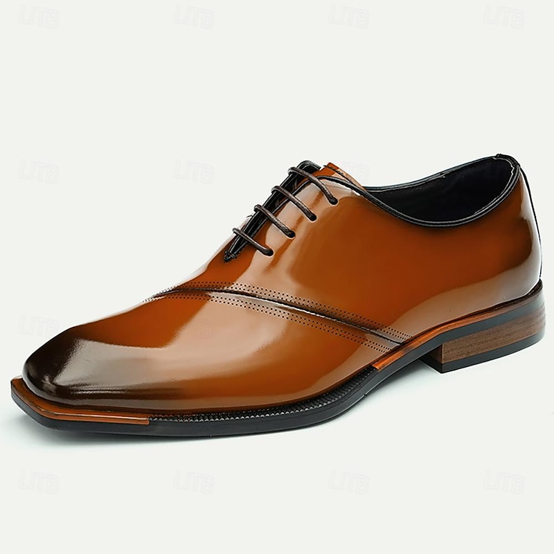Elegant Men's Cognac Patent Leather Oxford Shoes with Lace-Up Detail - Perfect for Formal Occasions3