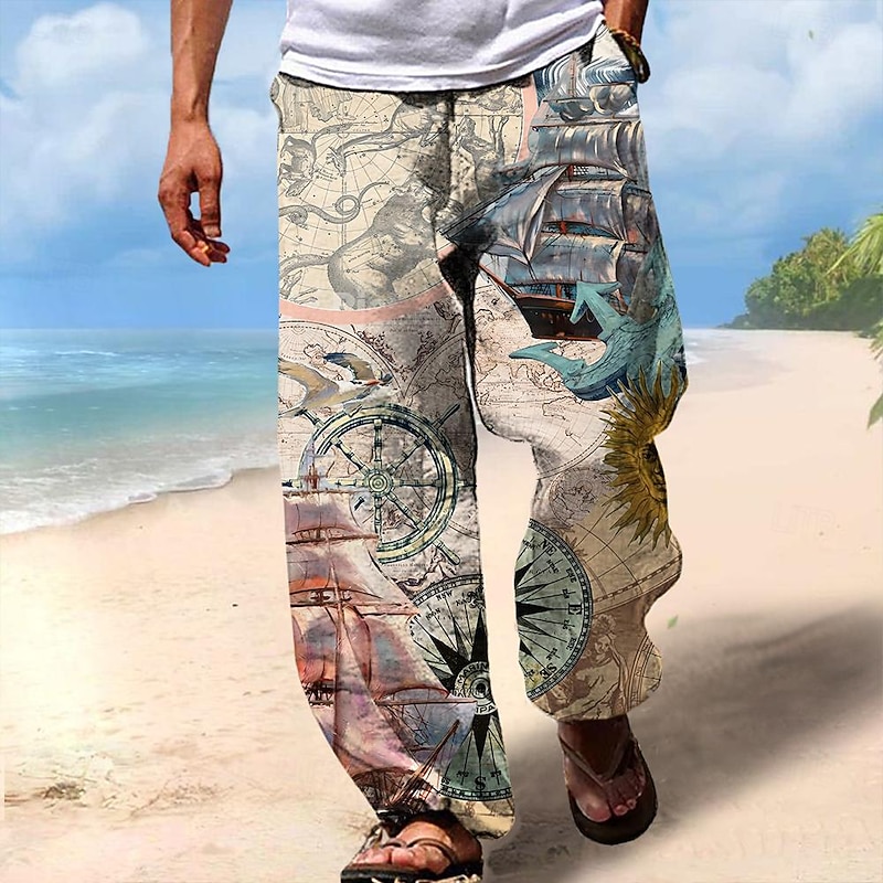 Men's Graphic Casual Pants Mid Waist Holiday Straight Leg Summer Spring 3D Print Beige