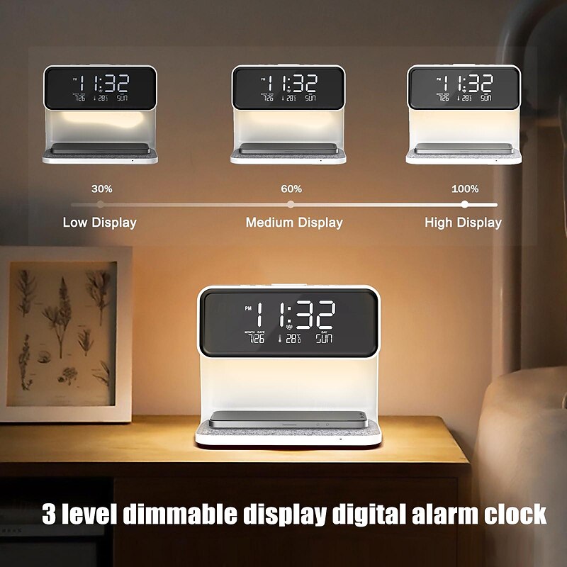 Alarm Clock with Wireless Charging Bedside Touch Lamp Alarm Clocks Bedrooms Night Light Dimmable LED Display Fast Wireless Charger Station with Room Thermometer Indoor4