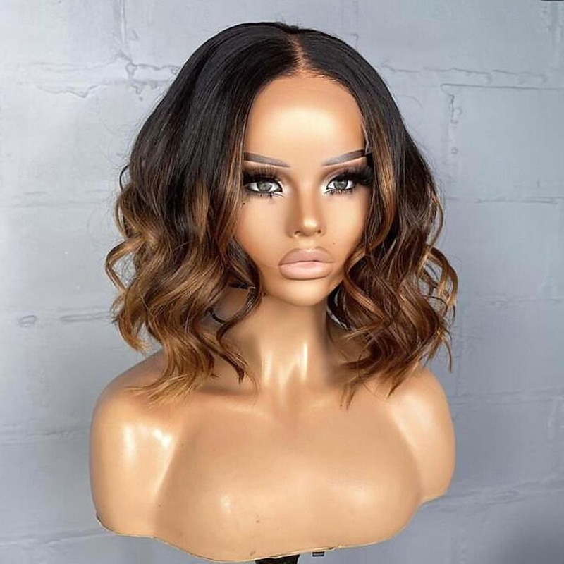 Remy Human Hair 13x4 Lace Front Wig Short Bob Brazilian Hair Wavy Brown Wig 130% 150% Density with Baby Hair Ombre Hair 100% Virgin Pre-Plucked For Women Short Human Hair Lace Wig3
