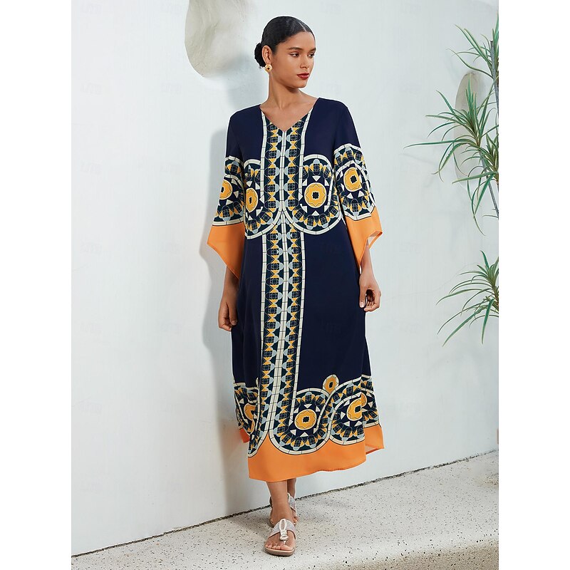 Satin Folk Print V Neck Maxi Dress4