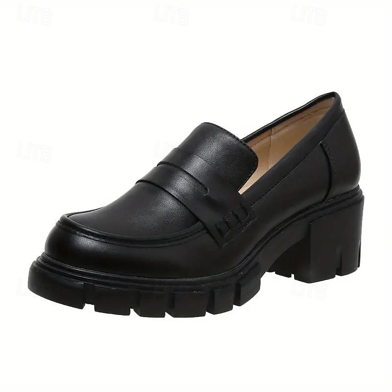 Women's Chunky Platform Loafers – Black Slip-On Round Toe Lug Sole Shoes for Casual & Office Wear4