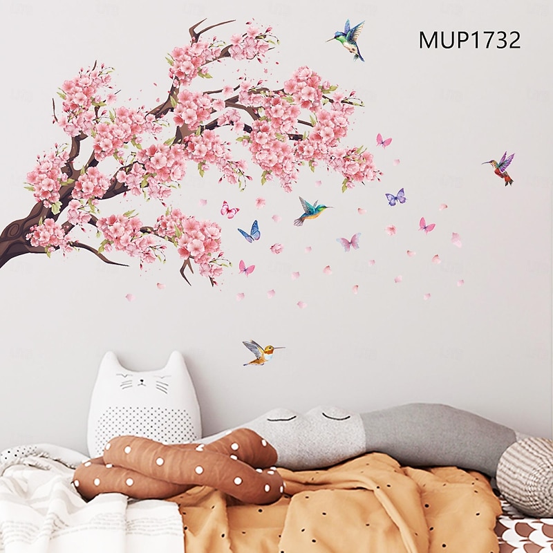Pink Branch Birds Butterflies Wall Sticker Art Decals Removable Living Room Bedroom Study Home Background Decorative Stickers