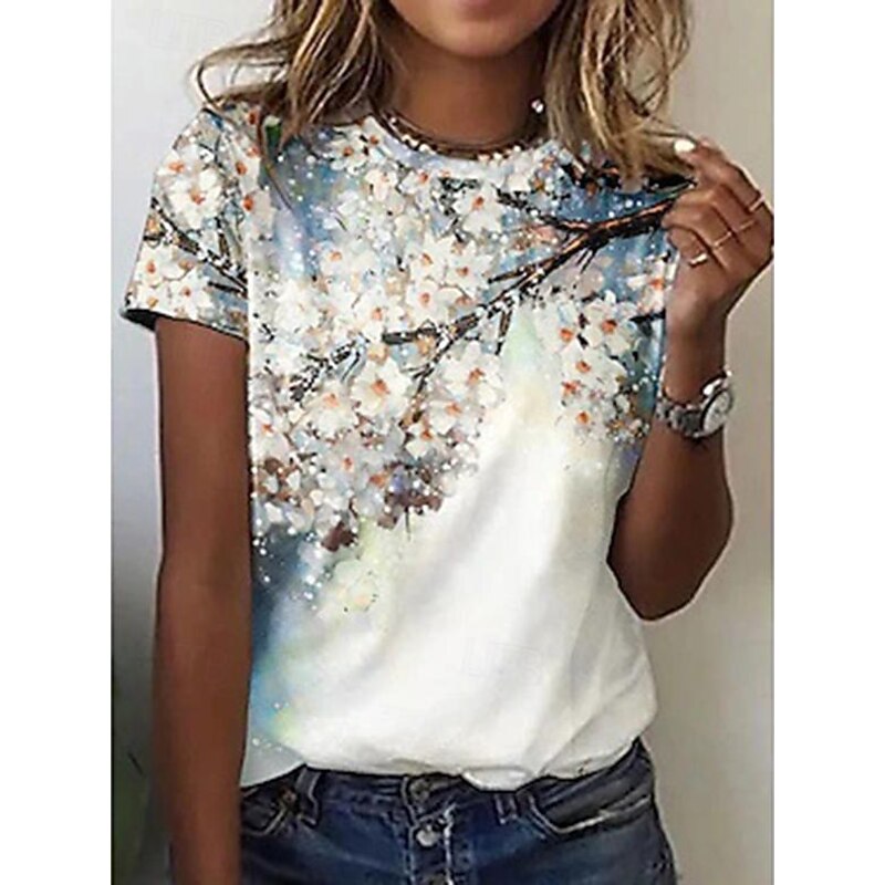 Women's T Shirt Floral Fashion Short Sleeve Round Neck Regular Tops Vacation Weekend Print Pink Blue Gray Light Blue Summer3