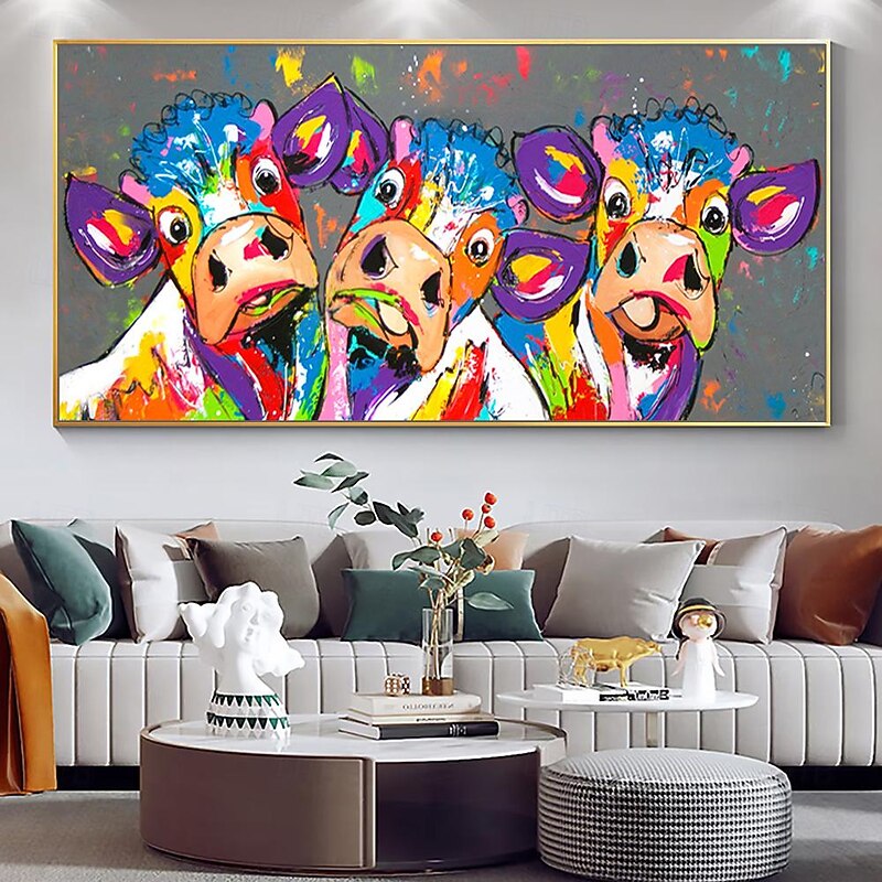 Mintura Handmade Abstract Cow Aniamls Oil Paintings On Canvas Wall Art Decoration Modern Cartoon Picture For Home Decor Rolled Frameless Unstretched Painting