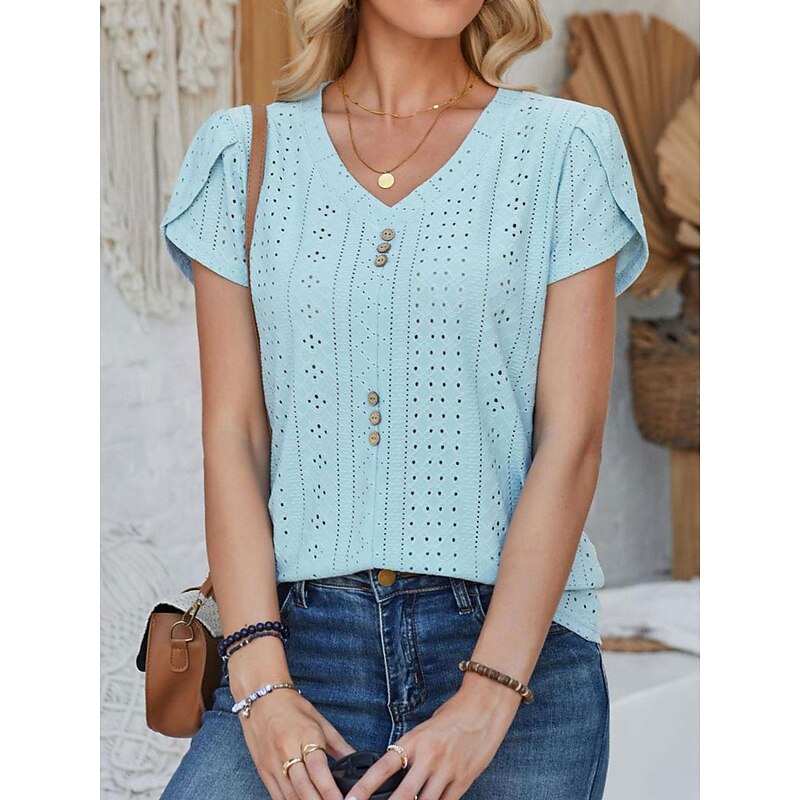 Women's Elegant Lace Tops Eyelet Blouse Daily Stylish Plain Regular Tops Short Sleeve V Neck Lace Buttons Regular Fit Vacation Daily Romantic Petite Tops Summer Holiday Wear Sage Green White Pink Blue2