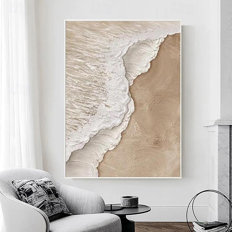 Handmade 3D Beige Minimalist Beach Painting Ocean Wave Painting on Canvas Ocean Abstract Art Textured Wall Art Wall Art Living Room Art Framed Ready To Hang3