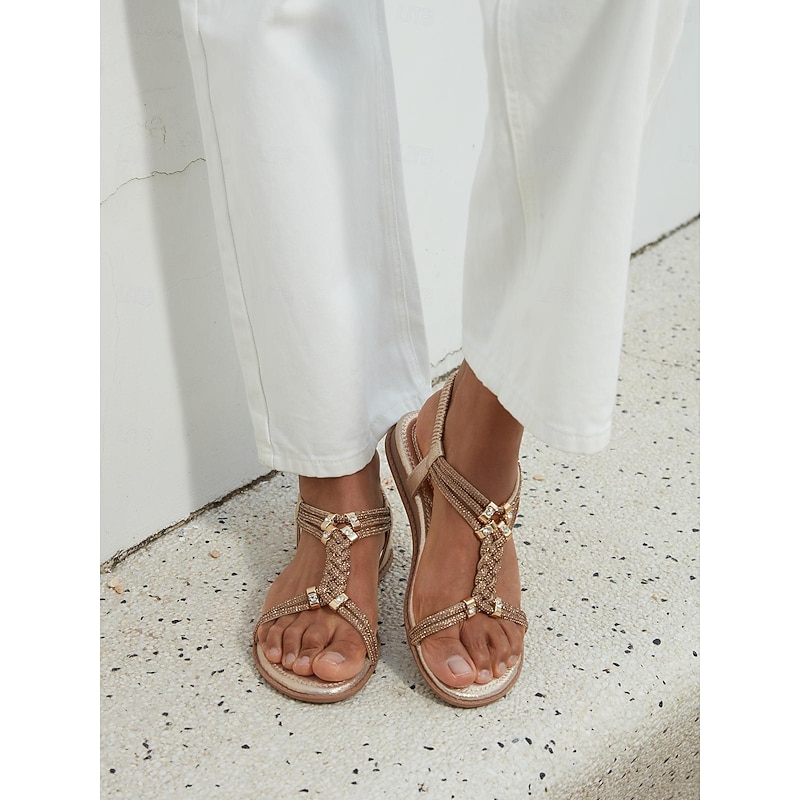 Women's Rhinestone Embellished T-Strap Sandals – Boho Glitter Flat Sandals with Elastic Ankle Strap for Summer Beach and Party Wear3
