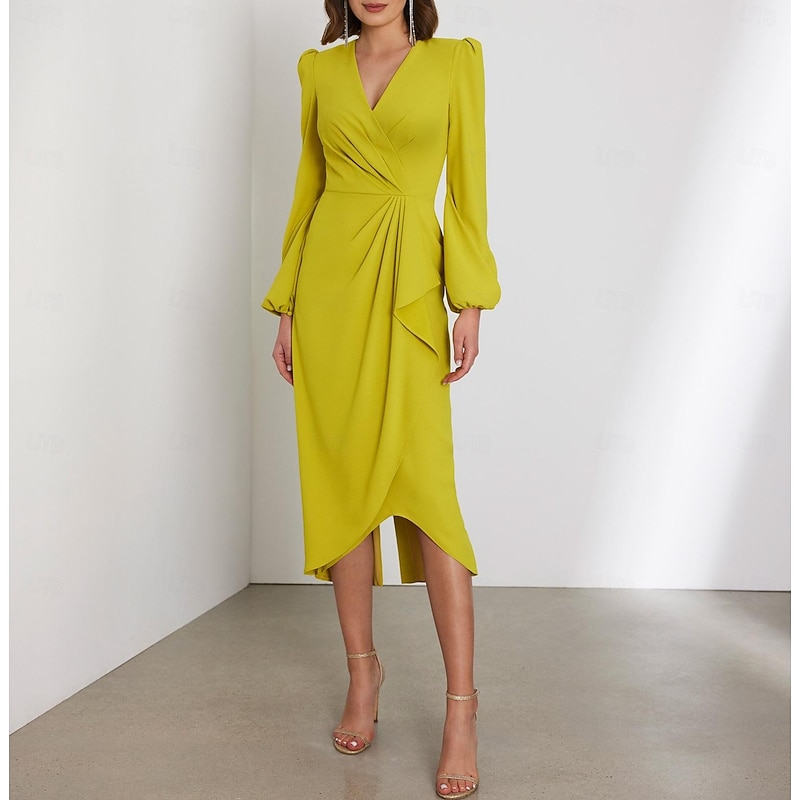 Sheath Wedding Guest Dresses Elegant Dress Formal Cocktail Party Tea Length Long Sleeve V Neck Stretch Chiffon with Ruched