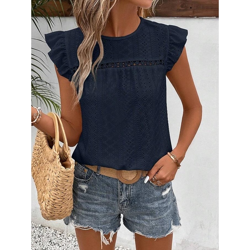 Shirt Blouse Women's Black White Navy Blue Plain Ruffle Cut Out Street Daily Fashion Round Neck Regular Fit S 6