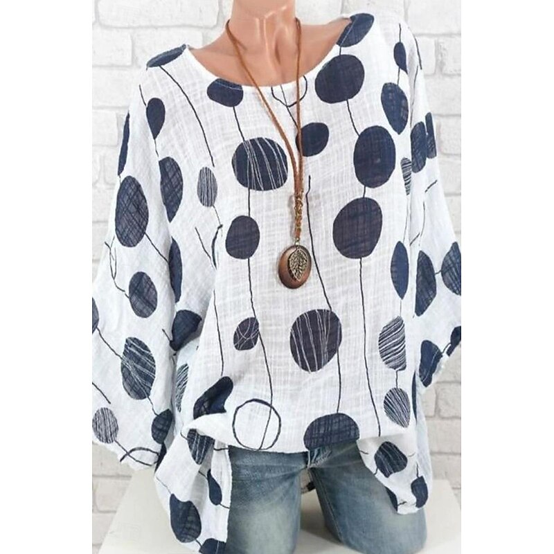 Women's Shirt Blouse Cotton Linen Shirts Polka Dot Casual Short Sleeve Crew Neck Regular Tops Daily Print White Blue Summer4