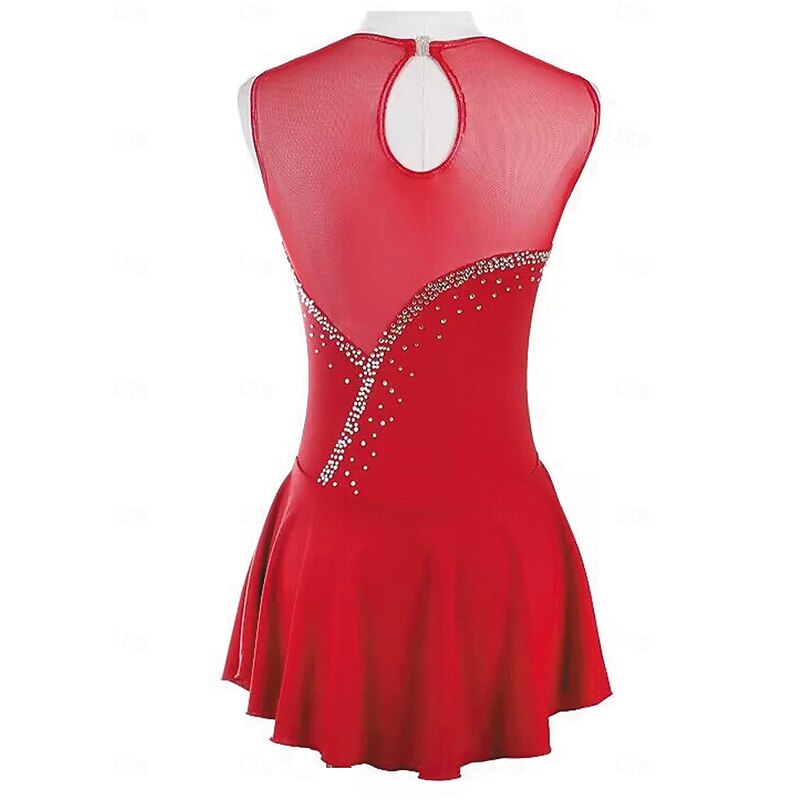 Figure Skating Dress Women's Girls' Ice Skating Dress Burgundy Patchwork Thumbhole Mesh Spandex Stretchy Training Practice Professional Skating Wear Thermal Warm Crystal / Rhinestone Sleeveless Ice2