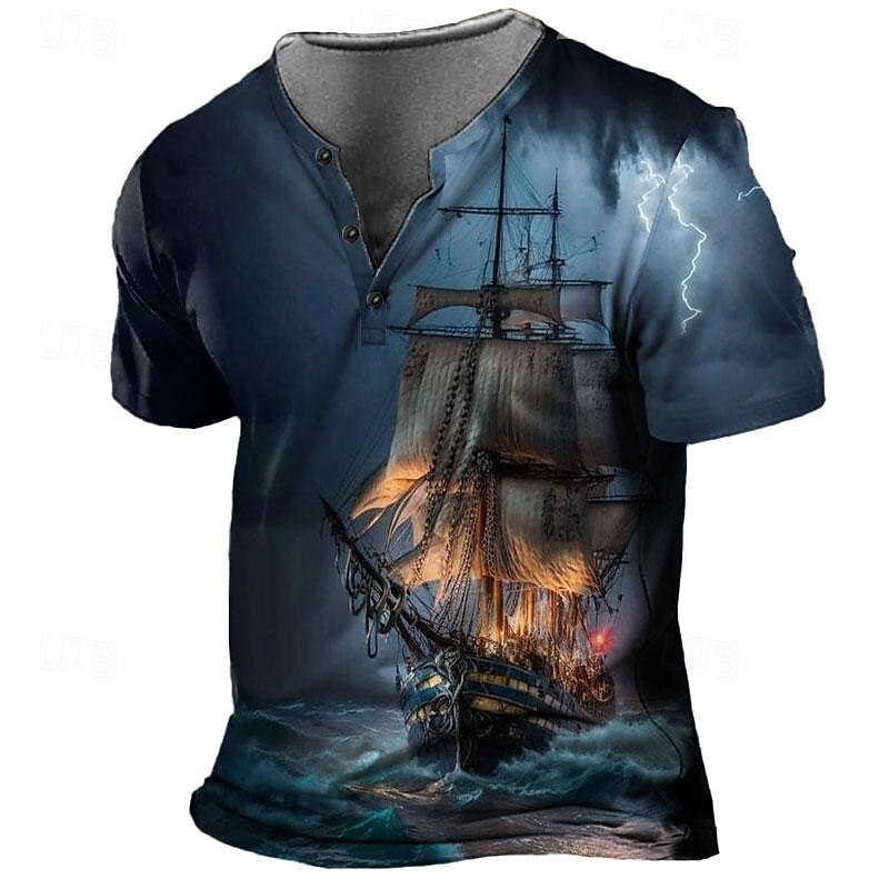 Men's Graphic Lightning Ship T shirt Henley Shirt Short Sleeve 3D Print Designer Retro Vintage Street Casual Summer Spring Blue Gray Henley Henley T-Shirt2