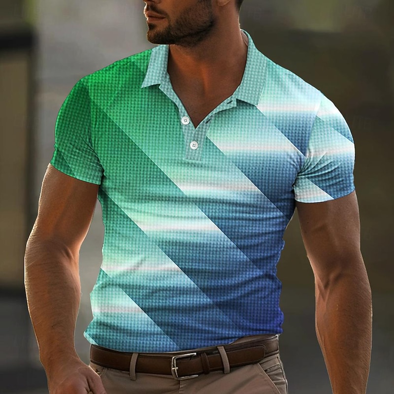 Men's Graphic Golf Shirt Short Sleeve Polo Shirts Collared Shirts Vacation Wear Rave Wear Party Outfits Buttons 3D Print Summer Spring Green