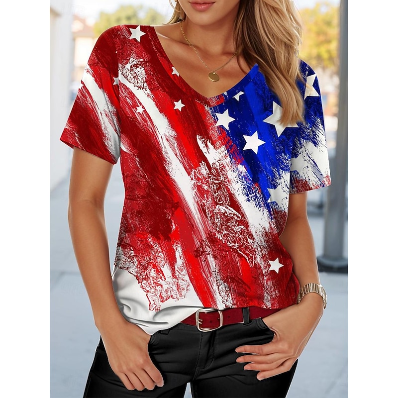 Women's Patriotic  T Shirt American Flag Casual Red White And Blue Short Sleeve V Neck Regular Tops Daily Red Summer