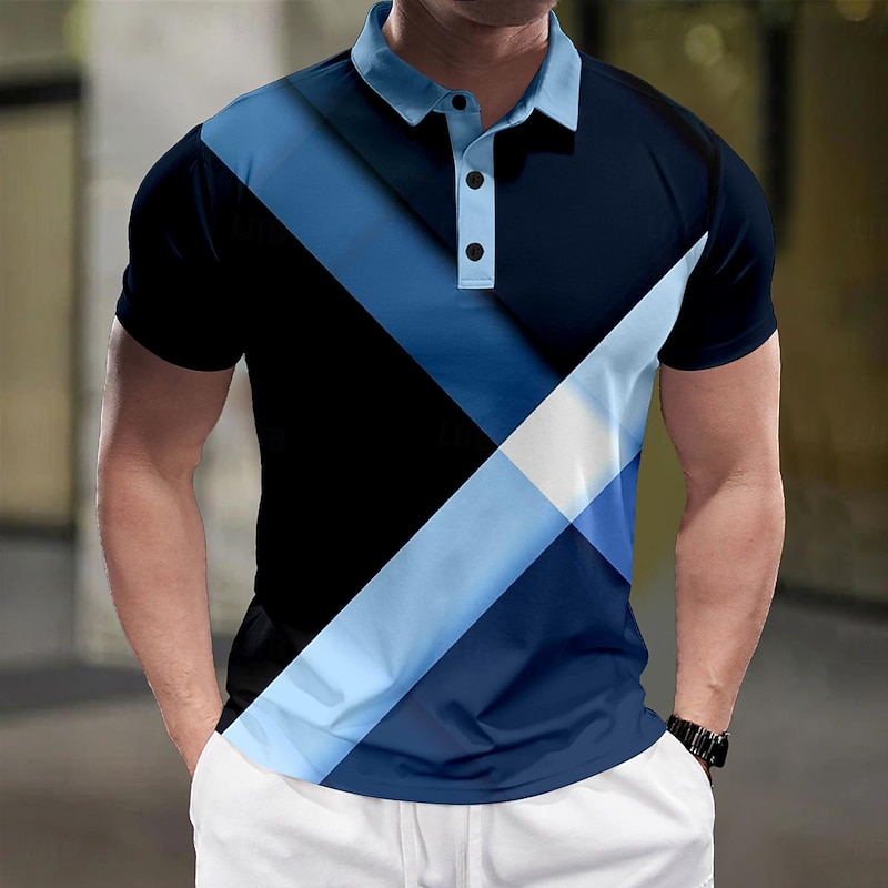 Men's Geometric Polo Shirts Golf Shirt Short Sleeve Polo Shirts Collared Shirts Casual Vacation Wear Formal Wear Festival Wear Buttons 3D Print Summer Blue