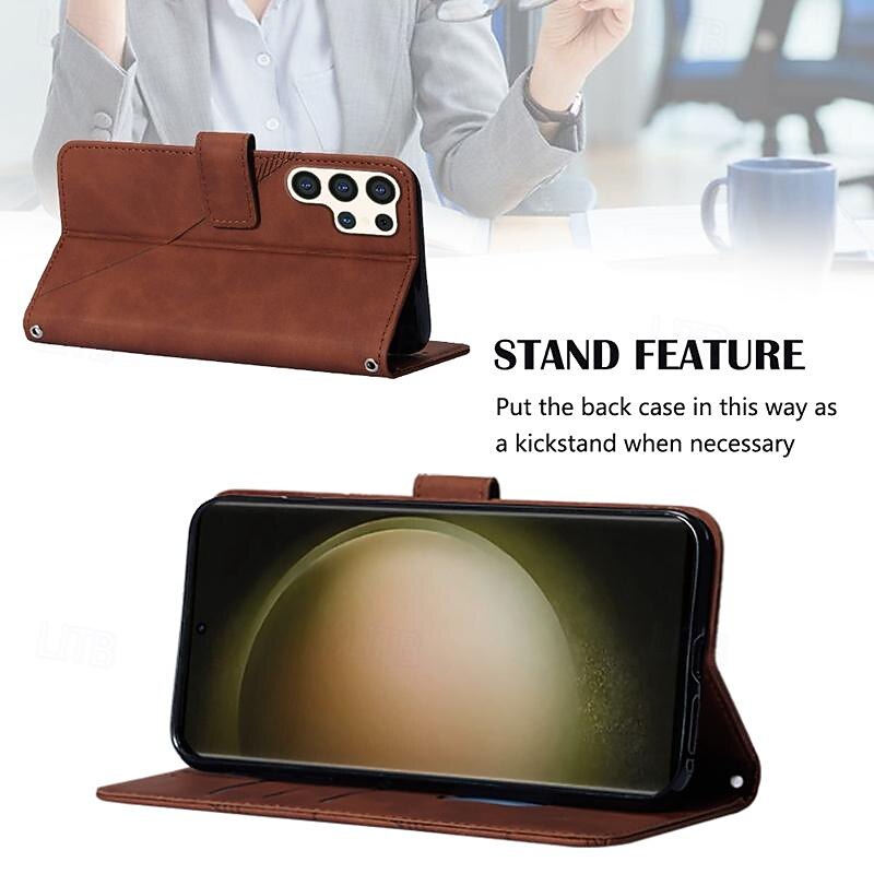 Phone Case For Samsung Galaxy S25 S24 S23 S23 FE S22 S21 Ultra Plus A55 5G A35 5G A25 A15 Back Cover with Stand Holder with Wrist Strap Card Slot Retro TPU PU Leather3