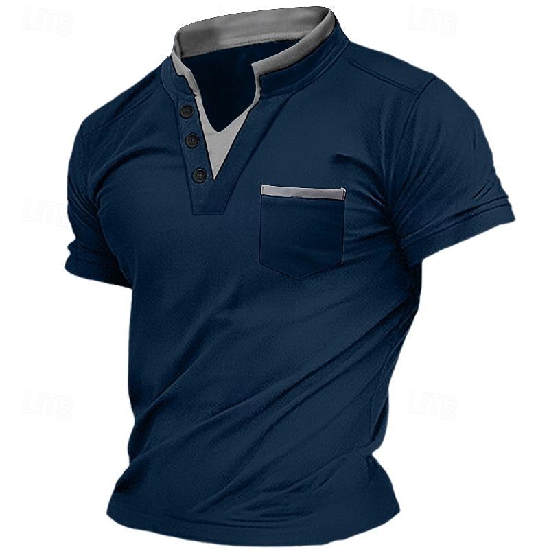 Men's Henley Shirt Tee Top Short Sleeves Plain Fashion Designer Basic Front Pocket V Neck Vacation Street Going out Summer Sillver Gray Navy-blue Black 1# Henley T-Shirt