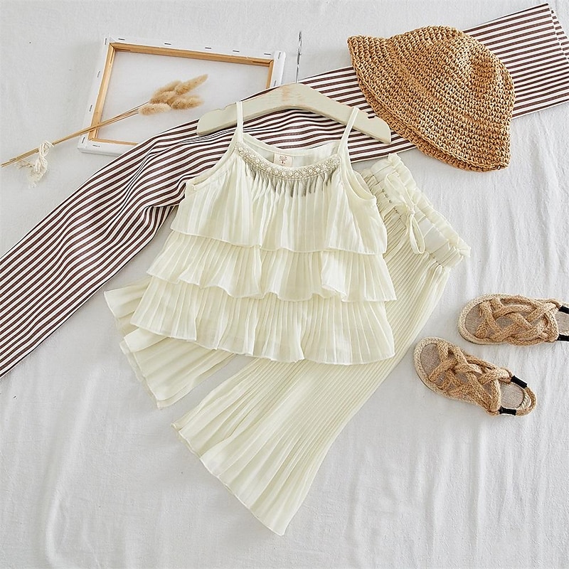 Children's Sets Tops Sleeveless Pullover Tiered Wide Leg Pants Loose Straight Cotton New Korean Sweet Fashion Designable Girls