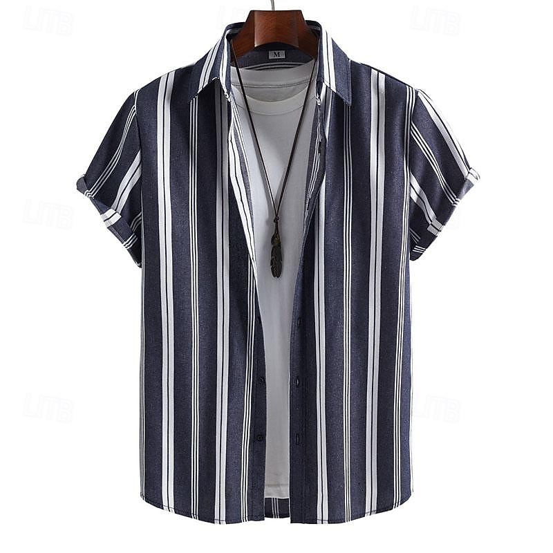 Men's Shirt Summer Shirt Casual Shirt Beach Shirt Button Up Shirt Striped Shirts Navy Blue Short Sleeve Stripes Turndown Vacation Hawaiian Clothing Apparel Polyester Fashion Casual Comfortable2