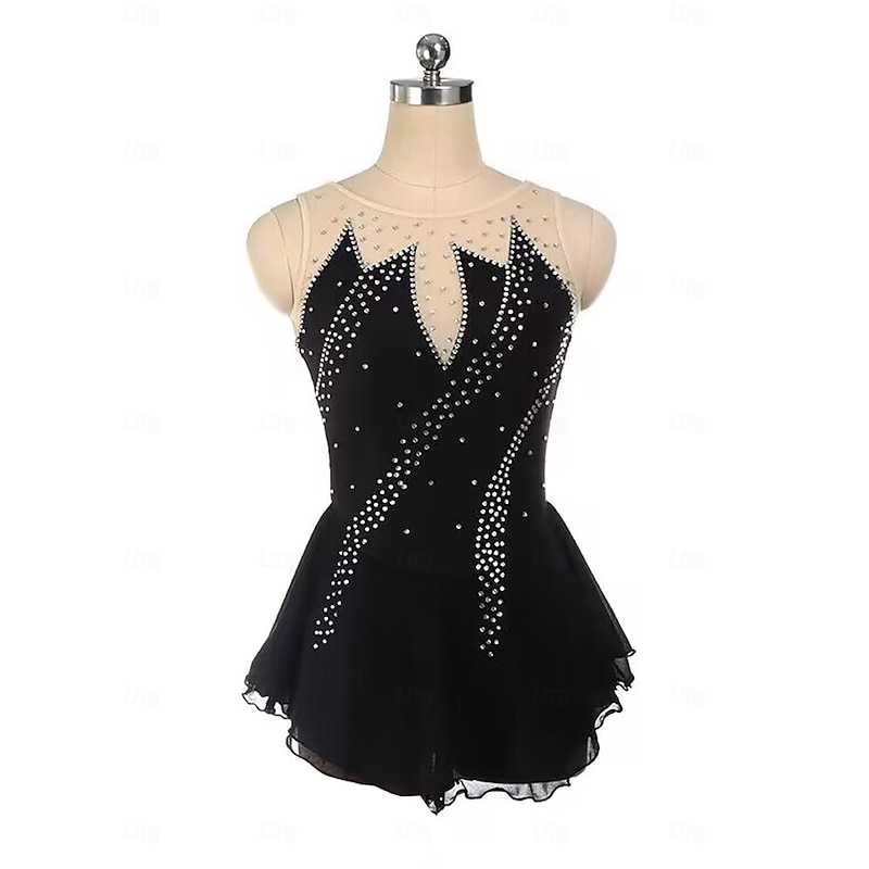 Figure Skating Dress Women's Girls' Ice Skating Dress Black Patchwork Open Back Mesh Spandex Stretchy Training Practice Professional Skating Wear Crystal / Rhinestone Sleeveless Ice Skating Figure
