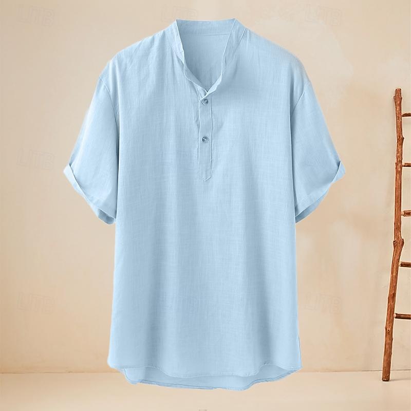 Men's Shirt Chinese Collar Shirt Mandarin Collar Shirt Casual Shirt Cotton Linen Shirt Plain Vacation Street Black Khaki Gray Light Blue Short Sleeve Band Collar Summer Clothing Apparel Button-Down