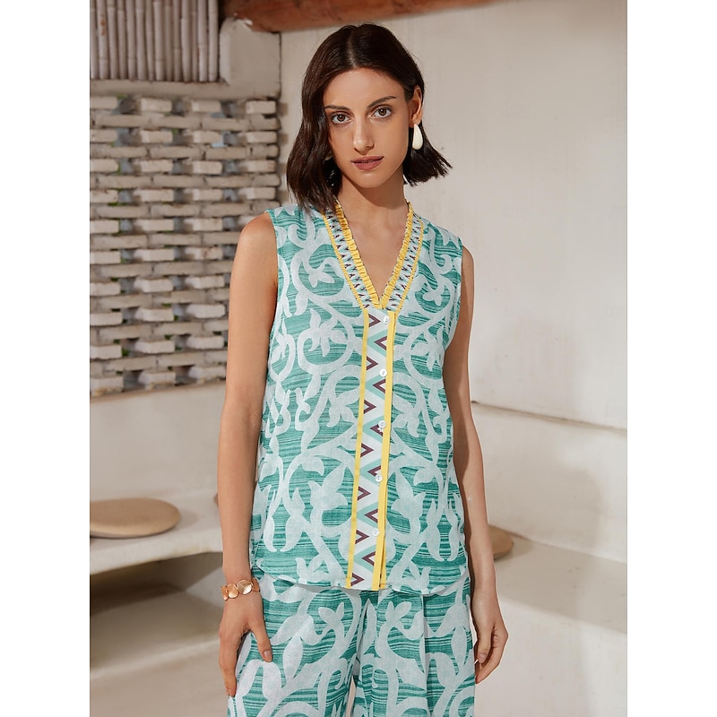 Casual Folk Print Lettuce Trim Tank