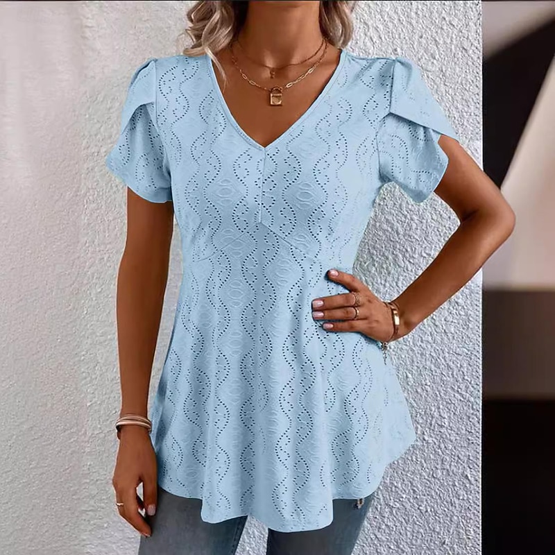 Women's Shirt Blouse Casual Cut Out Short Sleeve Regular Tops V Neck Daily White Blue Purple Green Summer2
