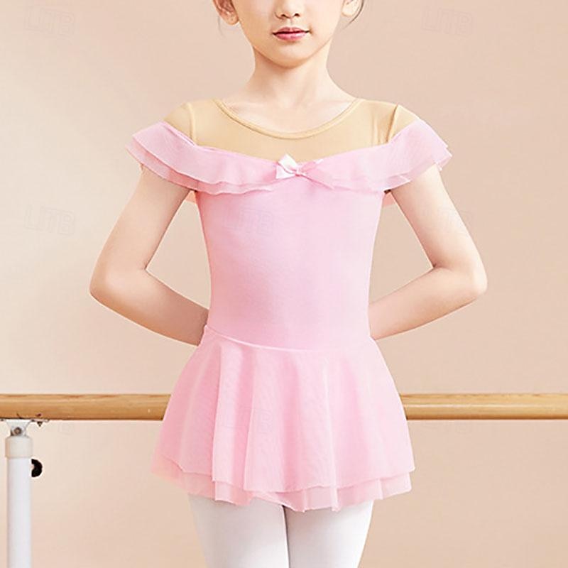 Kids' Dancewear Ballet Dress Bowknot Ruffles Pure Color Girls' Performance Training Short Sleeve High Cotton Blend