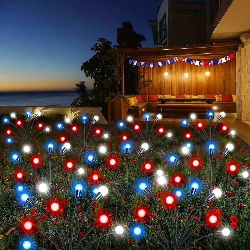 2pcs Patriotic Solar Firefly Lawn Light Independence Day Fourth of July Decorative Garden Light Red White Blue Outdoor Waterproof Swaying Star Lights Outdoor Garden Memorial Day Decoration