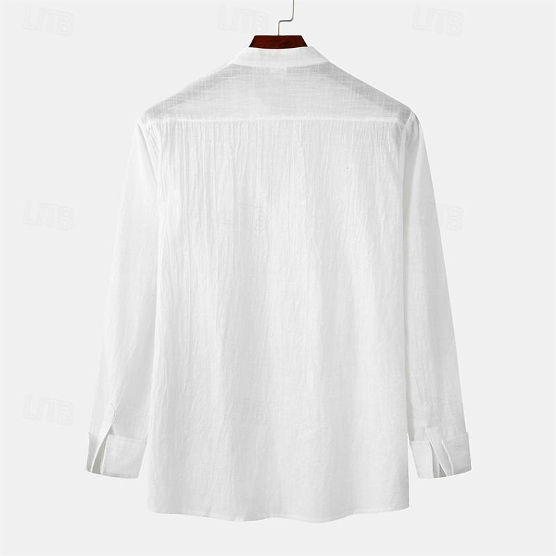 Men's Shirt Linen Shirt Cotton Linen Shirt Chinese Collar Shirt Mandarin Collar Shirt Casual Shirt Plain Vacation Hawaiian White Navy Blue Khaki Light Blue Long Sleeve Grandad Collar Spring &  Fall3